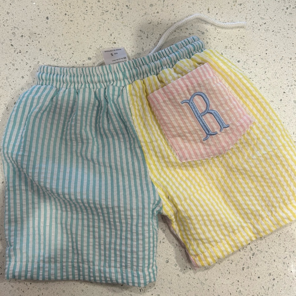 Colorful Striped Kids Swim Trunks with R monogram - Picture 2 of 3